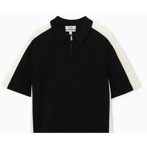 COS Relaxed Colour-Block Half-Zip Polo Shirt size XL Black + Off white Cotton